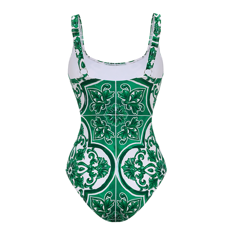 Classic Majolica Series Pattern Print One Piece Swimsuit and Pants or Skirt	