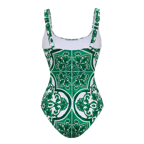 Classic Majolica Series Pattern Print One Piece Swimsuit and Pants or Skirt	