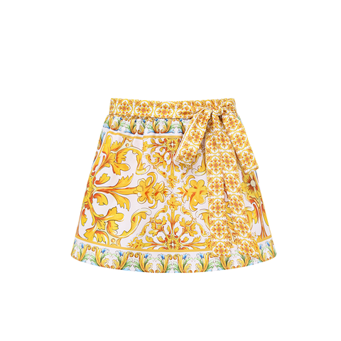 Ruffle V Neck  Golden Majolica Print One Piece Swimsuit and Scooter skirt