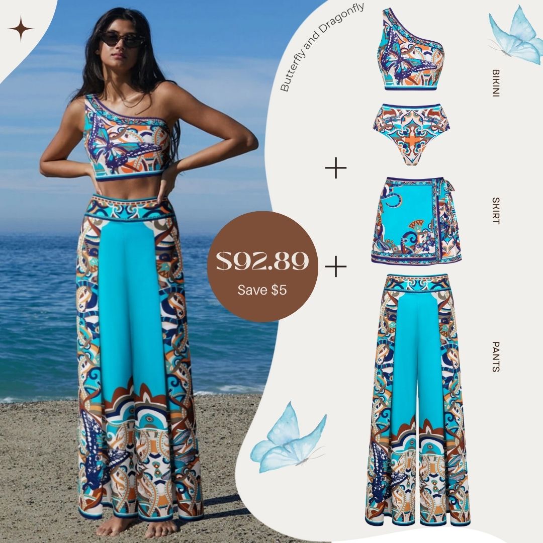 Butterfly and Dragonfly One Shoulder Hollow Print Bikini Swimsuit and Skirt	