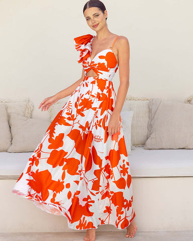 One Shoulder Ruffle Printed One Piece Swimsuit and Skirt	