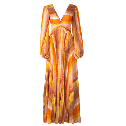 V Neck Chiffon Long Sleeve Orange One Piece Swimsuit and Skirt