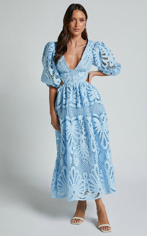 V Neck Puff Sleeve Lace Dress