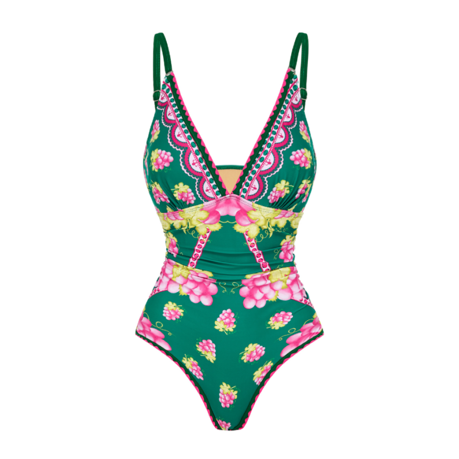 Deep V Retro Green Grapes Print One Piece Swimsuit and Skirt	