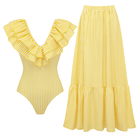 V Neck Ruffle Striped Print One Piece Swimsuit and Skirt
