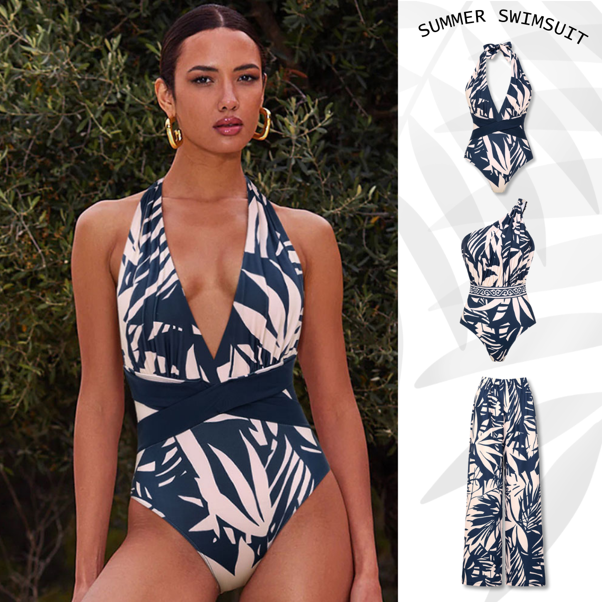 One SHoulder Leaves Print One Piece Swimsuit and Pants	