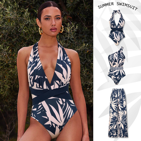 One SHoulder Leaves Print One Piece Swimsuit and Pants	