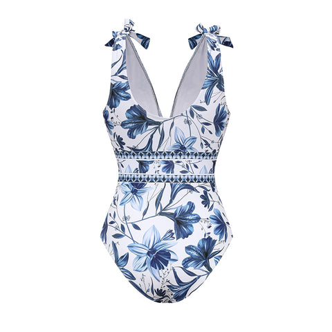 V Neck Lace Up Printed One Piece Swimsuit and Skirt	