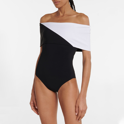 Off Shoulder Color Block One Piece Swimsuit and Skirt	