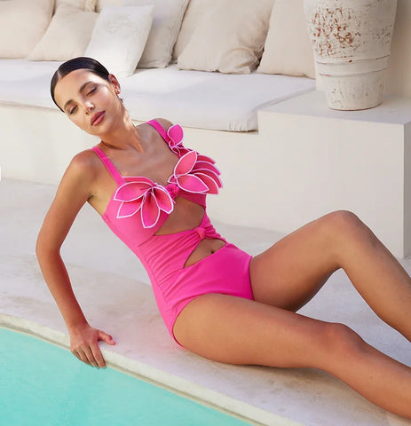 3D Flower Hot Pink Cutout One Piece Swimsuit and Skirt