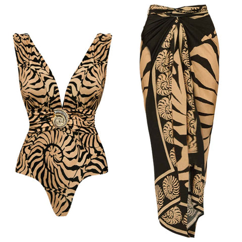 V-Neck Marine Thread One Piece Swimsuit and sarong
