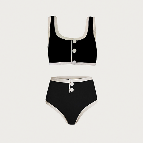 Button Detail Black and White High Waist Bikini Swimsuit