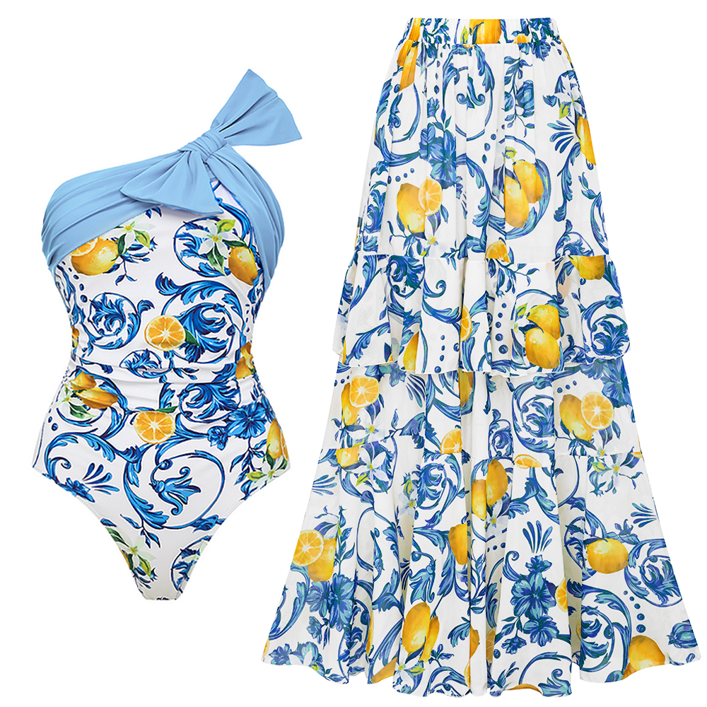Lemon Print One Shoulder One Piece purple or Skirt Flaxmaker	