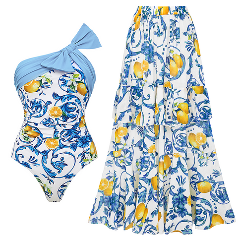 Lemon Print One Shoulder One Piece purple or Skirt Flaxmaker	