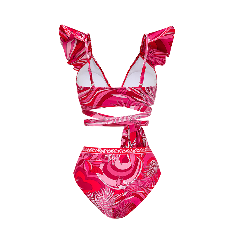 Ruffle V Neck Tie Bow Printed Strappy Bikini Swimsuit and  Sarong or Shorts	