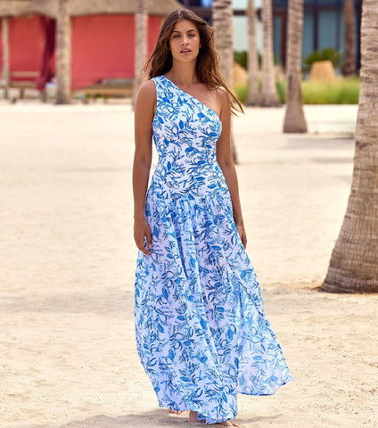 Oblique Shoulder Printed One Piece Swimsuit and Skirt