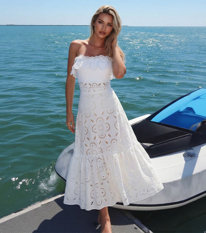 Ruffle White Laser Cutting Flower Hollow Swimsuit Set(s)