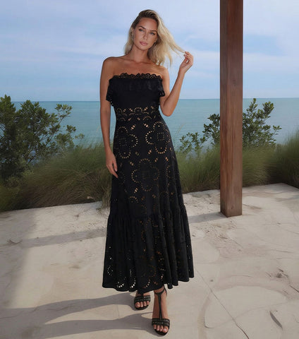 Ruffle Black Laser Cutting Flower Hollow Swimsuit Set(s)