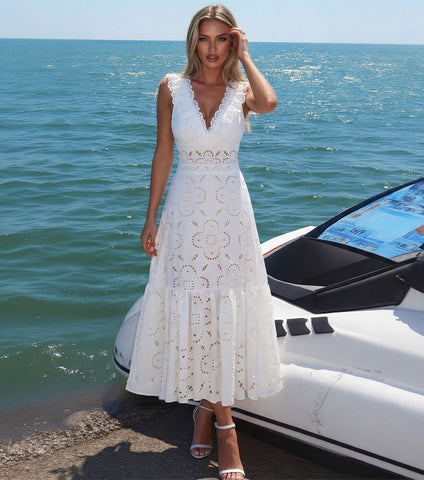 Ruffle White Laser Cutting Flower Hollow Swimsuit Set(s)