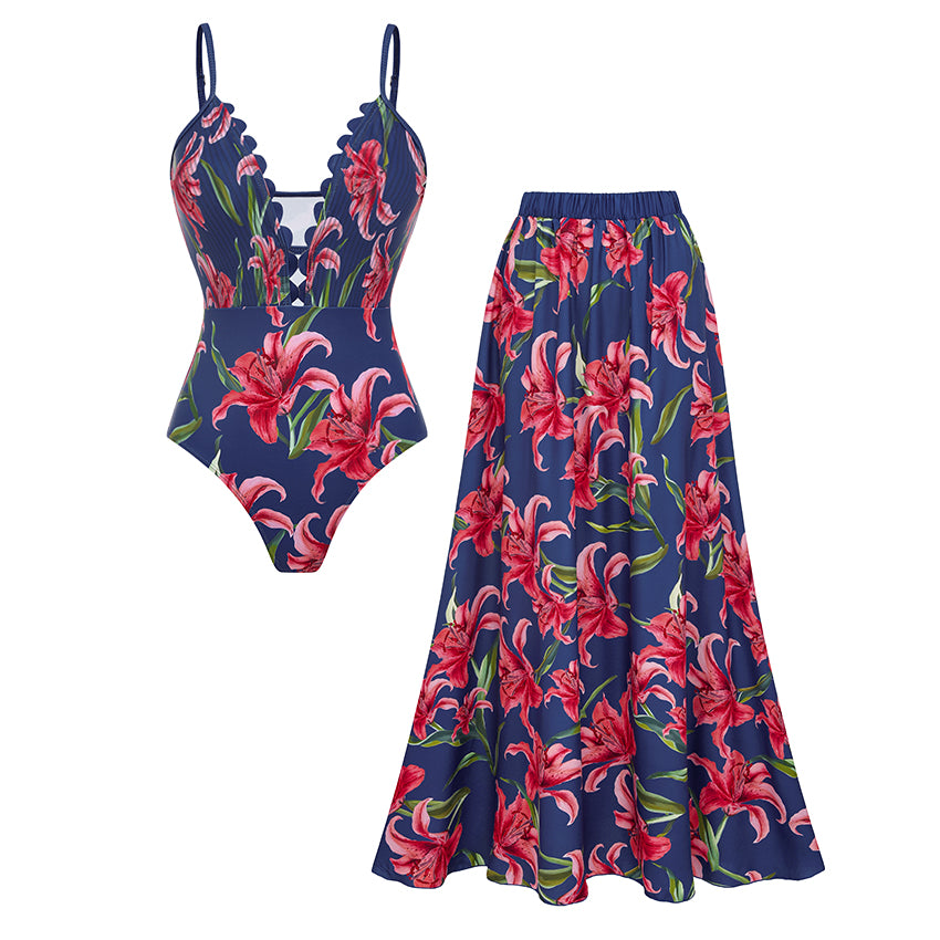 Adjustable Shoulder Straps Blue Print Swimsuit Set(s)
