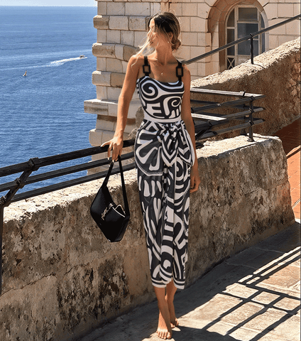 Adjustable Shoulder Straps Black Tribal Print Swimsuit Set(s)	