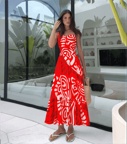 One Shoulder Red Retro Print Swimsuit Set(s)