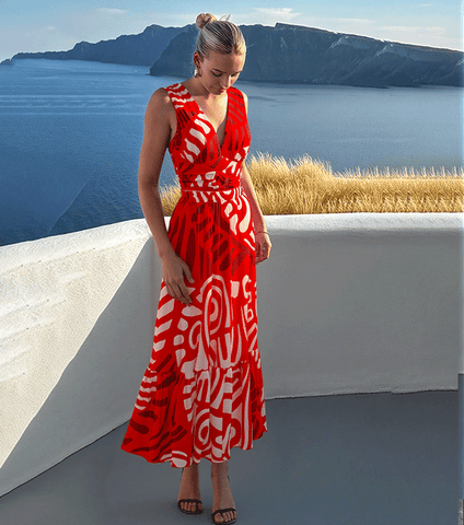V Neck Red Ring Decorate Printed Swimsuit Set(s)	