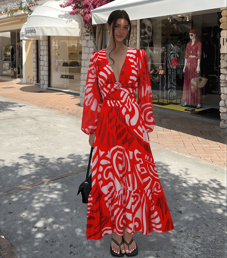 Long Sleeves Red Tribal Print Swimsuit Set(s)	