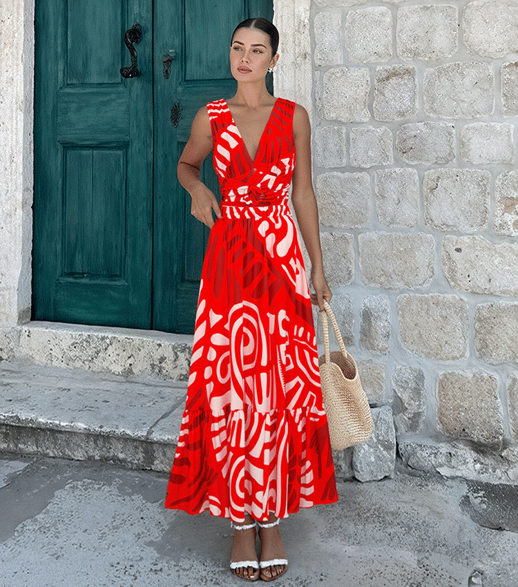 V Neck Red Ring Decorate Printed Swimsuit Set(s)	