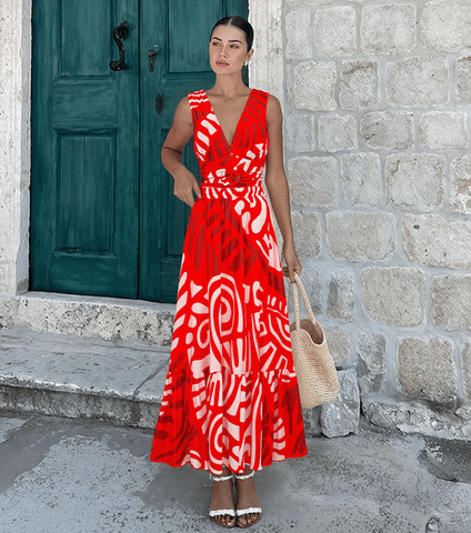 V Neck Red Ring Decorate Printed Swimsuit Set(s)	