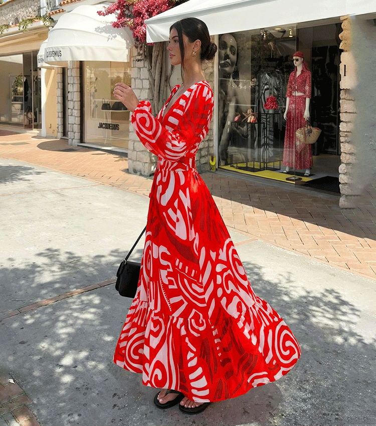 Long Sleeves Red Tribal Print Swimsuit Set(s)	
