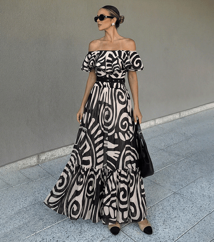 Off Shoulder Black Retro Printed Swimsuit Set(s)	