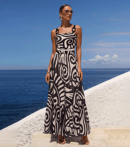 Adjustable Shoulder Straps Black Tribal Print Swimsuit Set(s)	