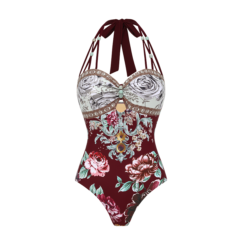 Neckband Peony Print Swimsuit Set(s)	