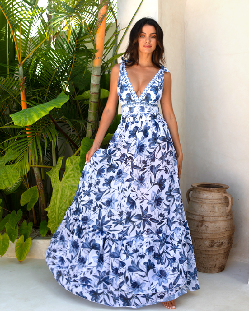 V Neck Lace Up Printed One Piece Swimsuit and Skirt	
