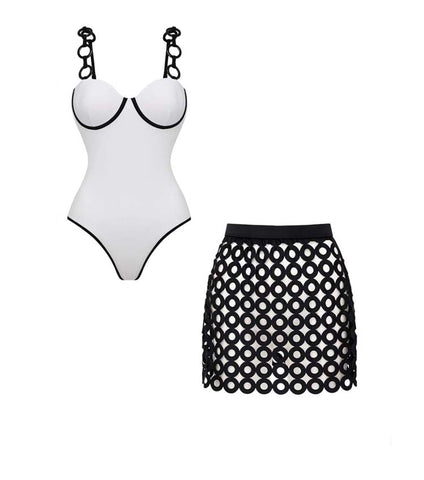 Ring Decoration White One Piece Swimsuit and Skirt	