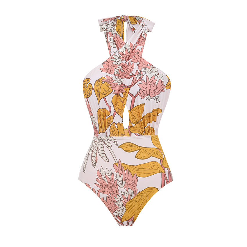 Halter Plant Leaves Print Swimsuit Set(s)	