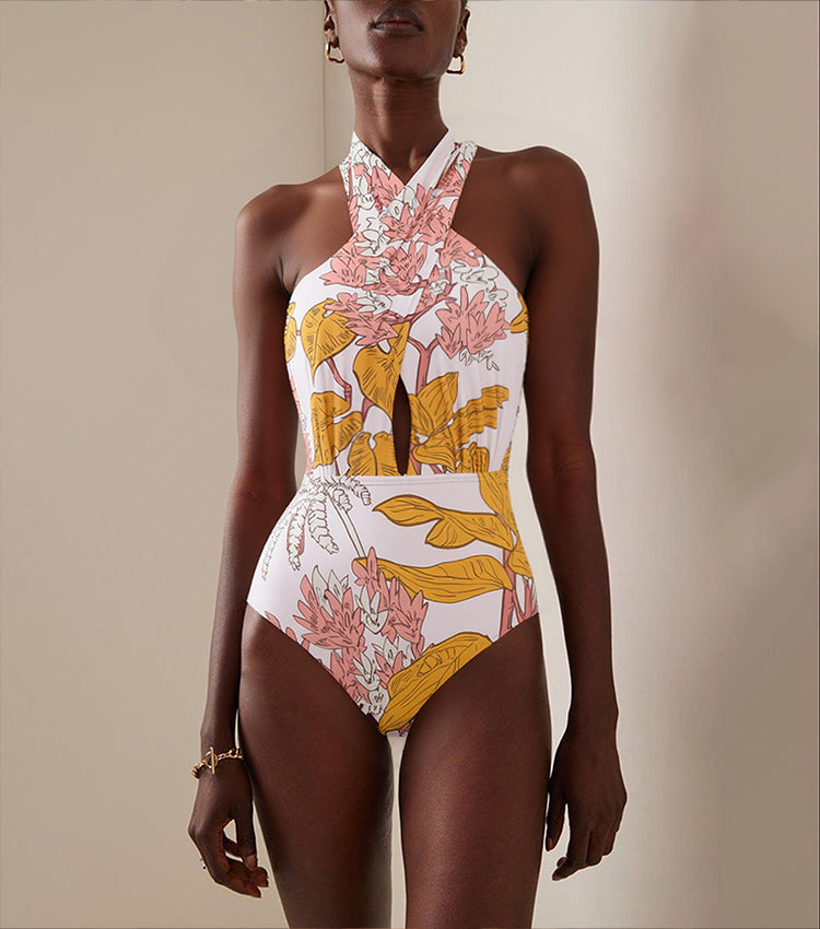 Halter Plant Leaves Print Swimsuit Set(s)	