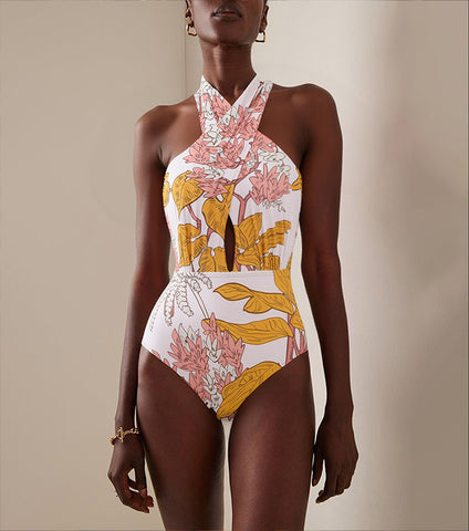 Halter Plant Leaves Print Swimsuit Set(s)	