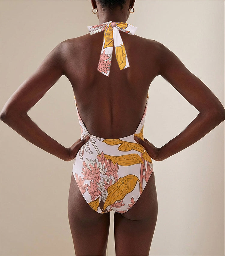 Halter Plant Leaves Print Swimsuit Set(s)	