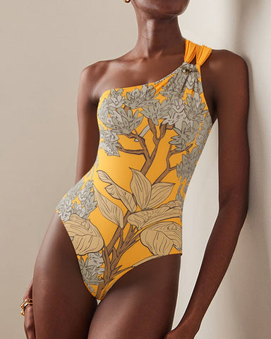 One Shoulder Yellow Printed Swimsuit Set(s)	