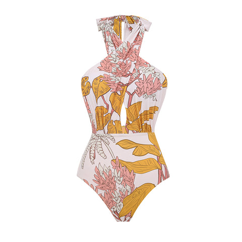Halter Plant Leaves Print Swimsuit Set(s)	