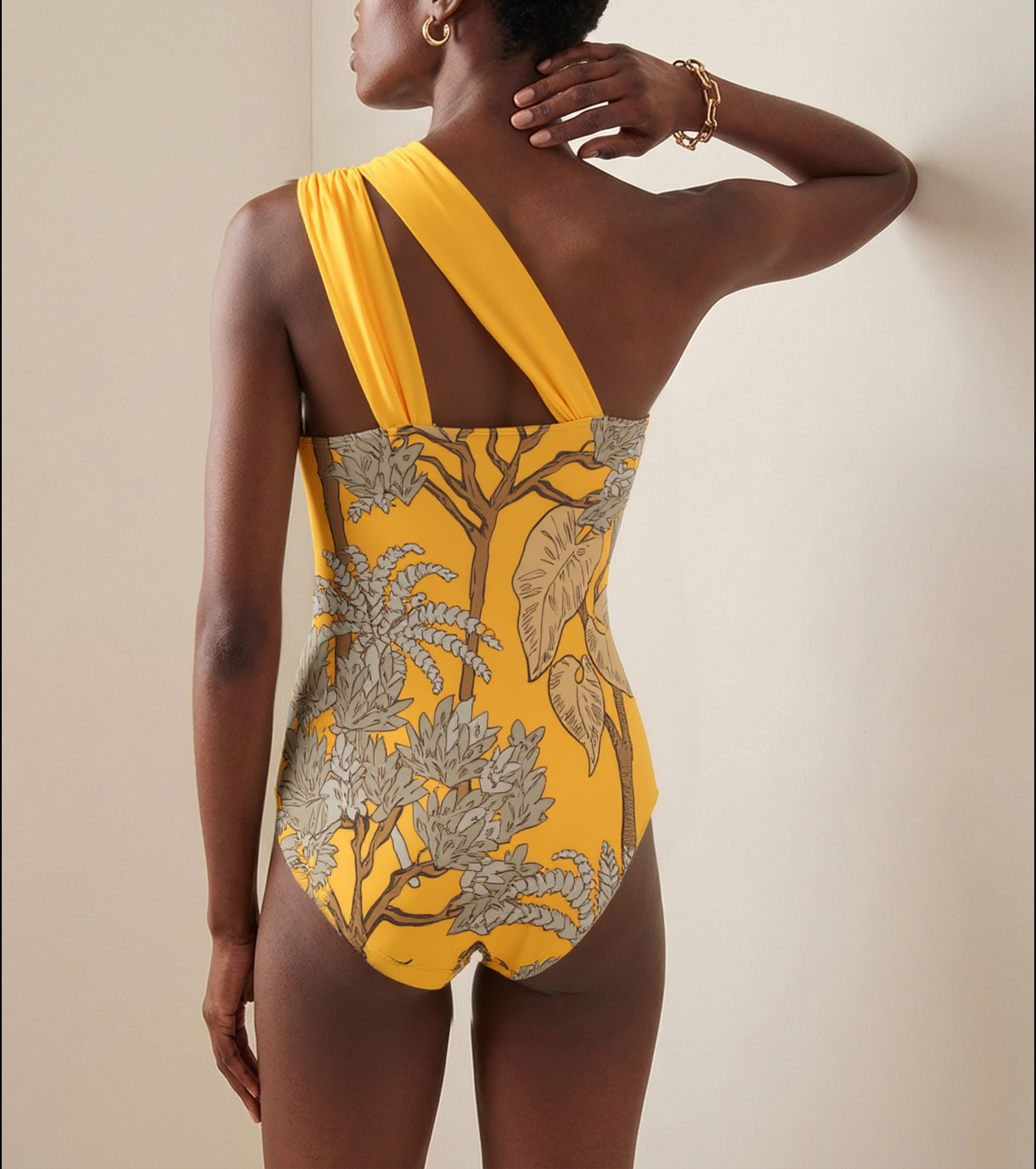 One Shoulder Yellow Printed Swimsuit Set(s)	