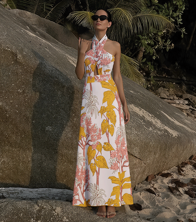 Halter Plant Leaves Print Swimsuit Set(s)	