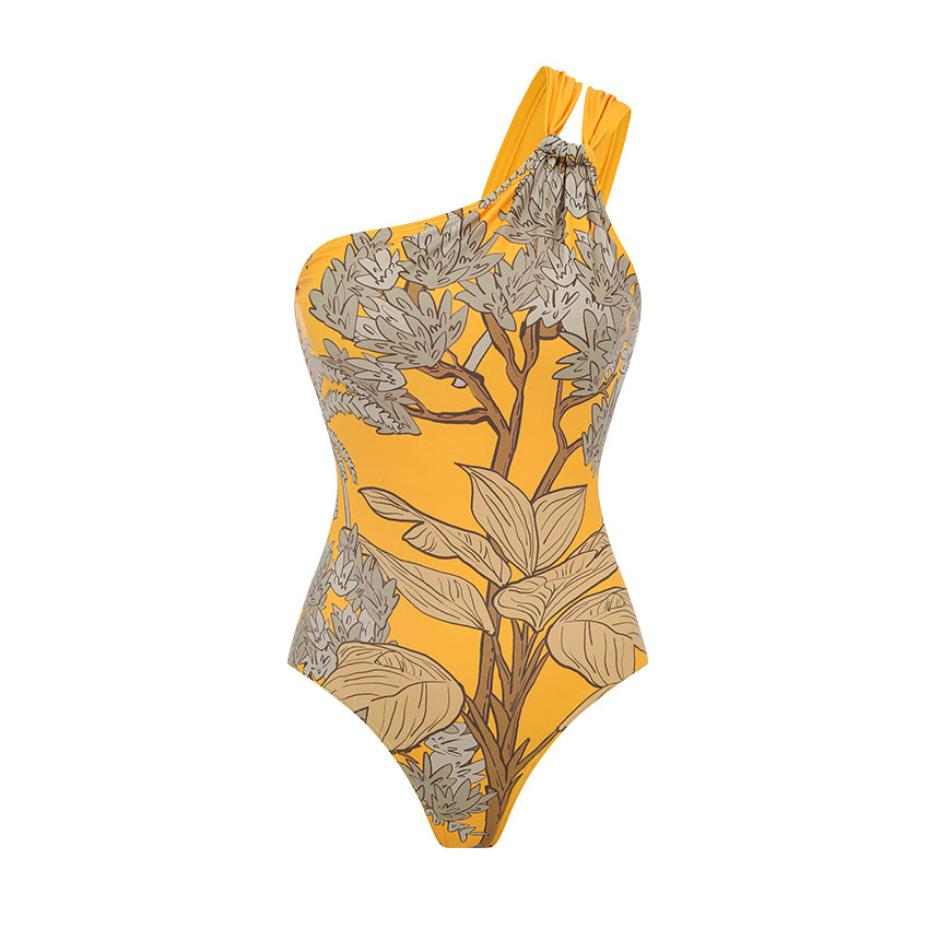 One Shoulder Yellow Printed Swimsuit Set(s)	
