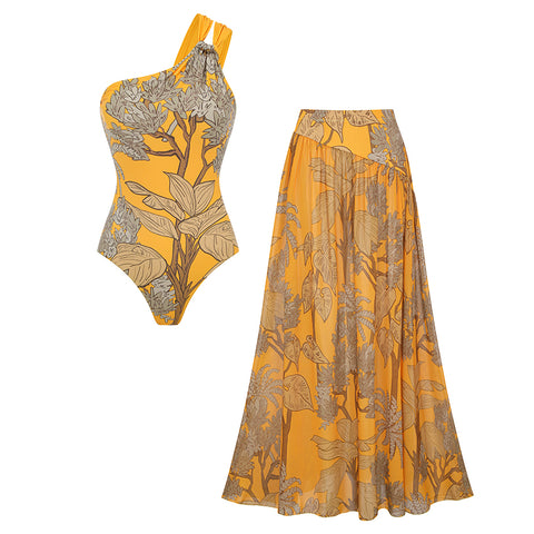 One Shoulder Yellow Printed Swimsuit Set(s)	