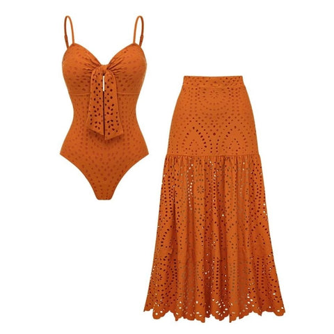 Sling Cut Out Bow Tie One Piece Swimsuit and Skirt	
