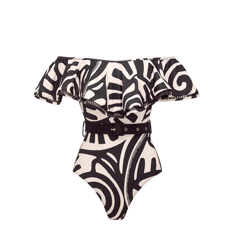 Off Shoulder Black Retro Printed Swimsuit Set(s)	