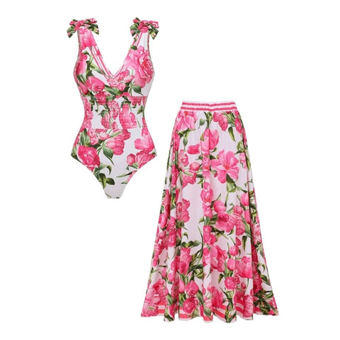 Tie Shoulder Shirring Flower Print One Piece Swimsuit and Skirt	