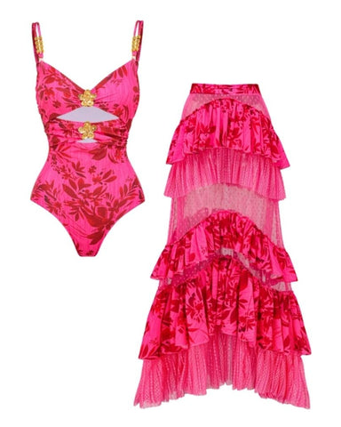 Rose Red Flower Print Cutout One Piece Swimsuit and Tiered Skirt
